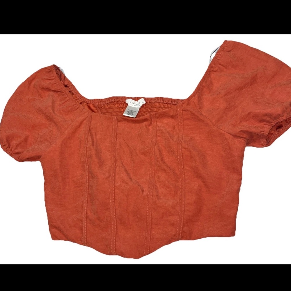 Kirious Los Angeles Orange CORSET CROP Top Short Puff Sleeves Gathered Back NEW